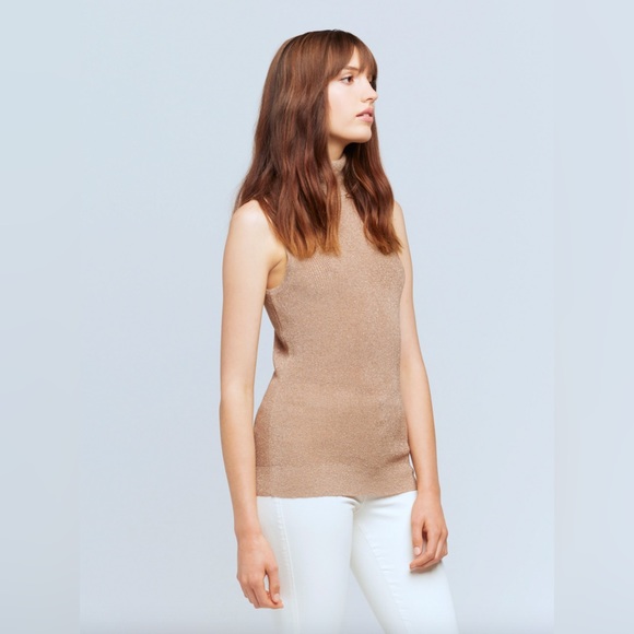 REVOLVE L’Agence XS Sabrina Sleeveless Turtleneck Top Knit Blouse Gold Biscotti - Picture 3 of 11